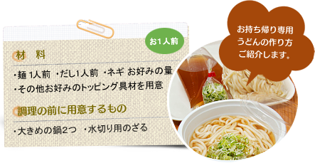 材料／うどん麺00g、だし00g、ネギ00g、お好みのトッピング具材を用意